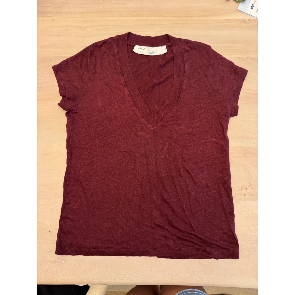 IRO Paris Women's Burgundy V-Neck Linen Slub Tee Short Sleeve Size Small